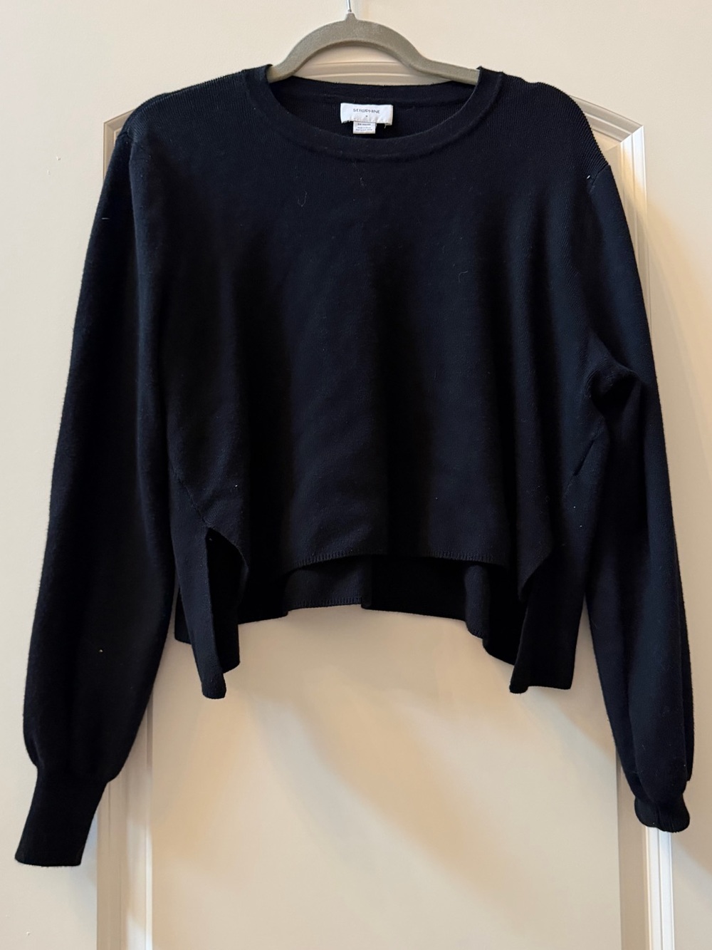 Seraphine Black Cropped Crewneck Sweater w Side Slits and Puff Sleeves. Boxy.